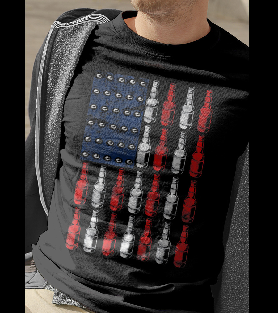 Patriotic American Flag Made Of Beer Bottles In Red White Blue T-Shirt