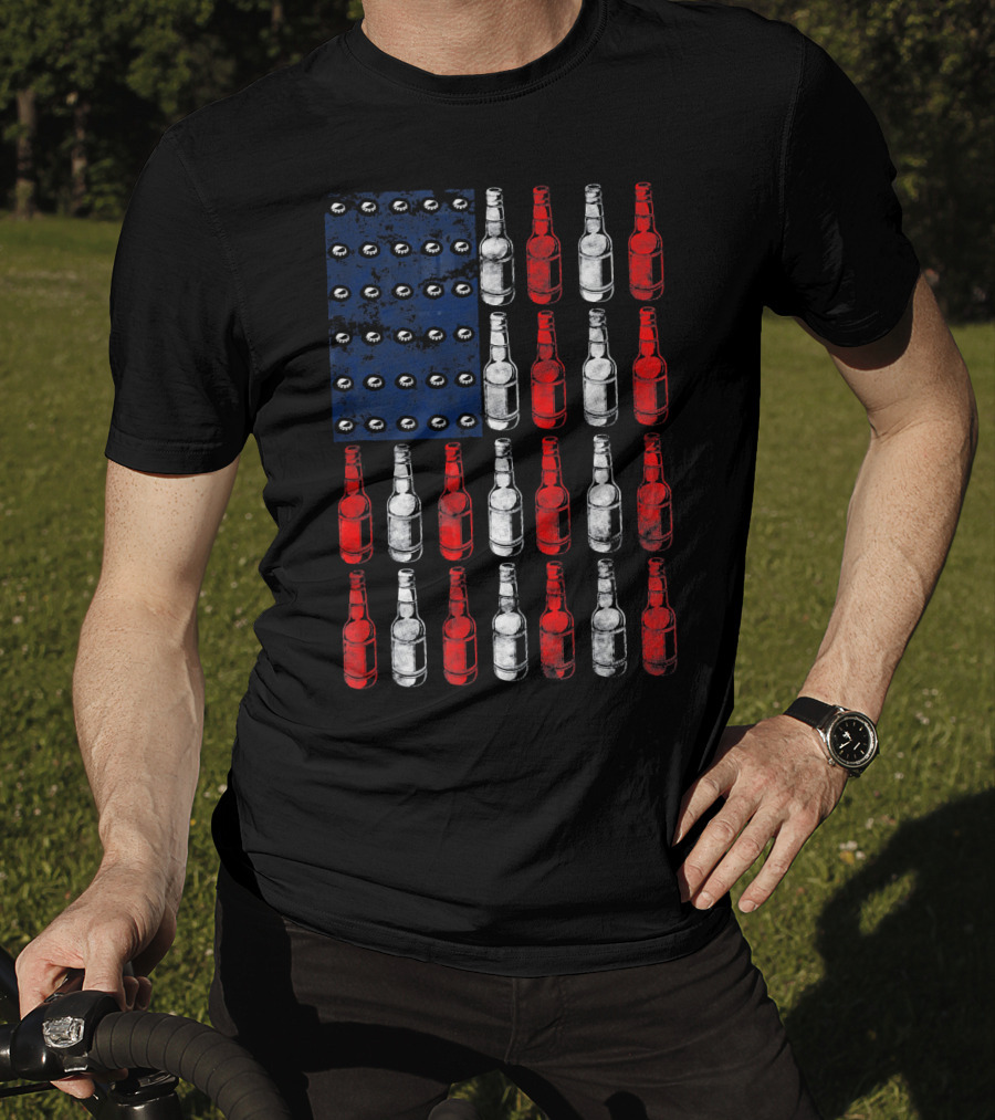 Patriotic American Flag Made Of Beer Bottles In Red White Blue T-Shirt