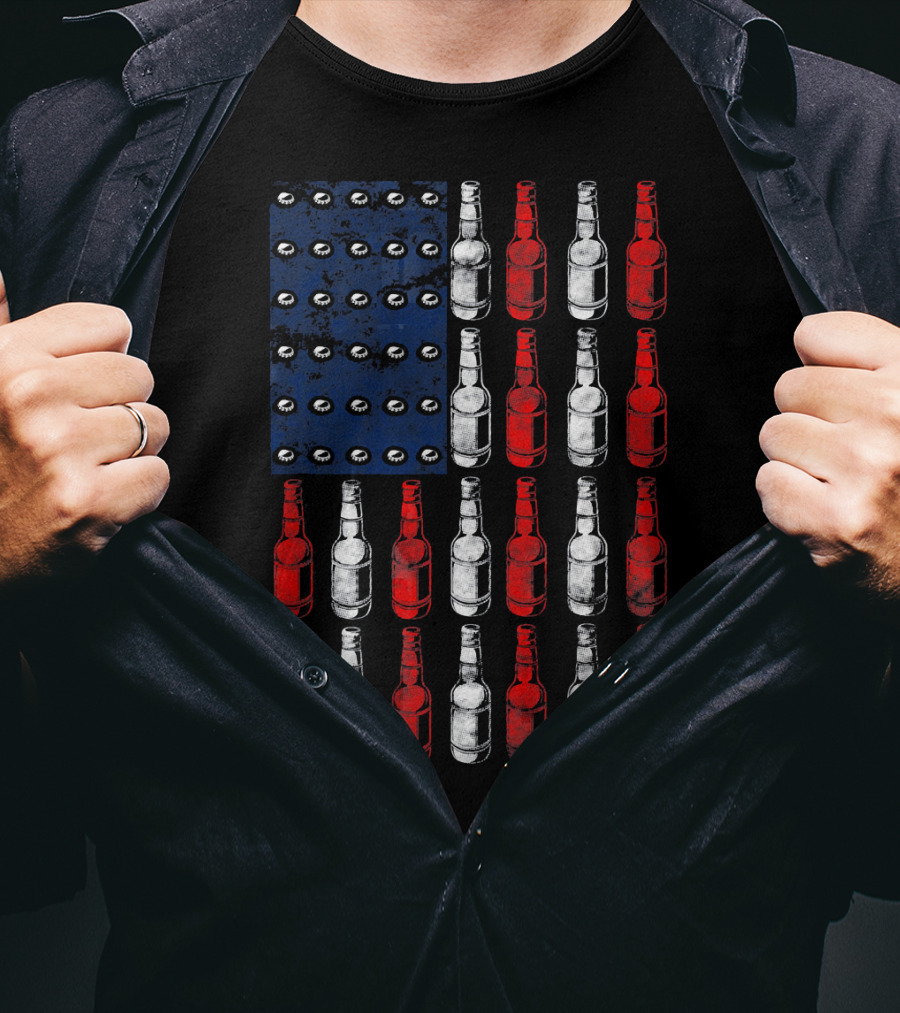 Patriotic American Flag Made Of Beer Bottles In Red White Blue T-Shirt