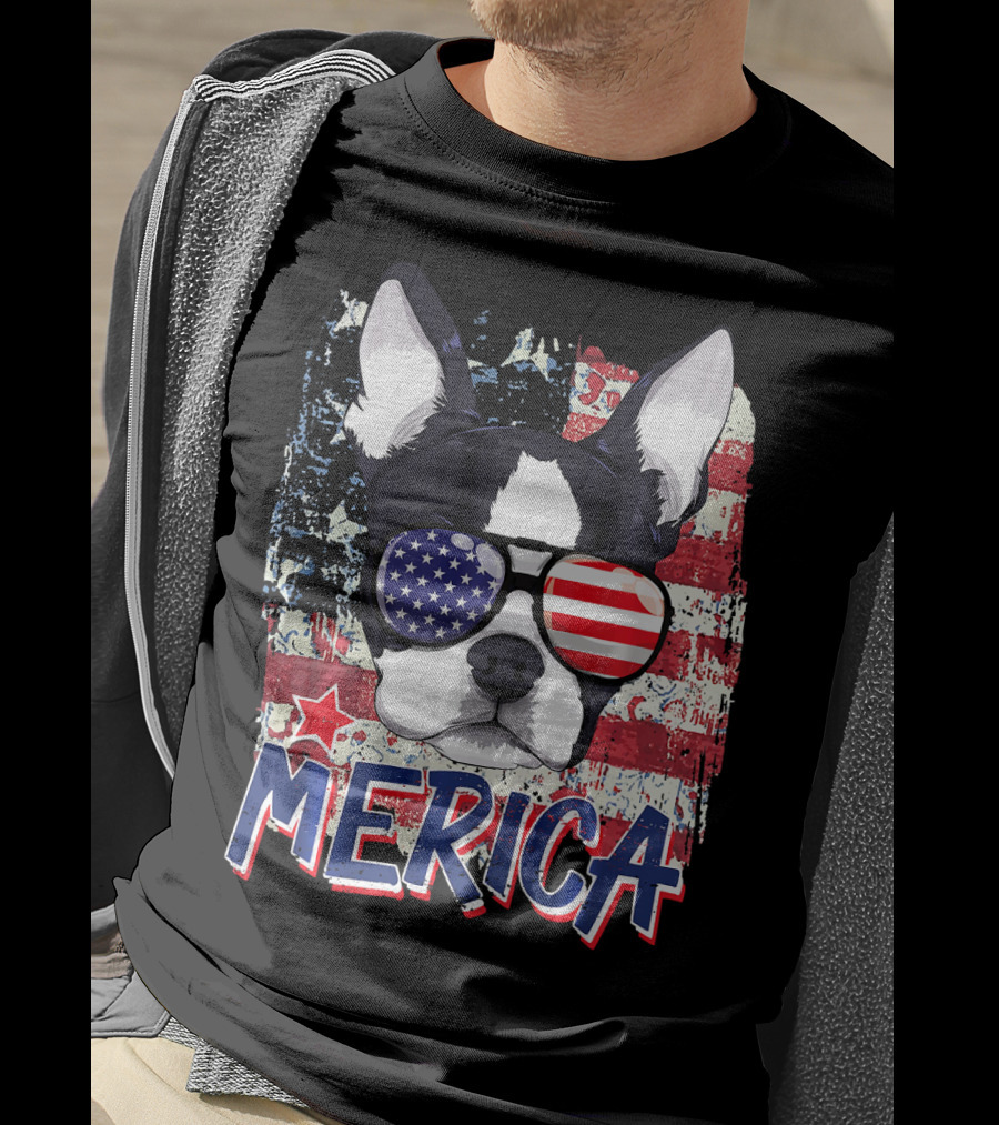 Merica Boston Terrier American Flag Sunglasses T-Shirt