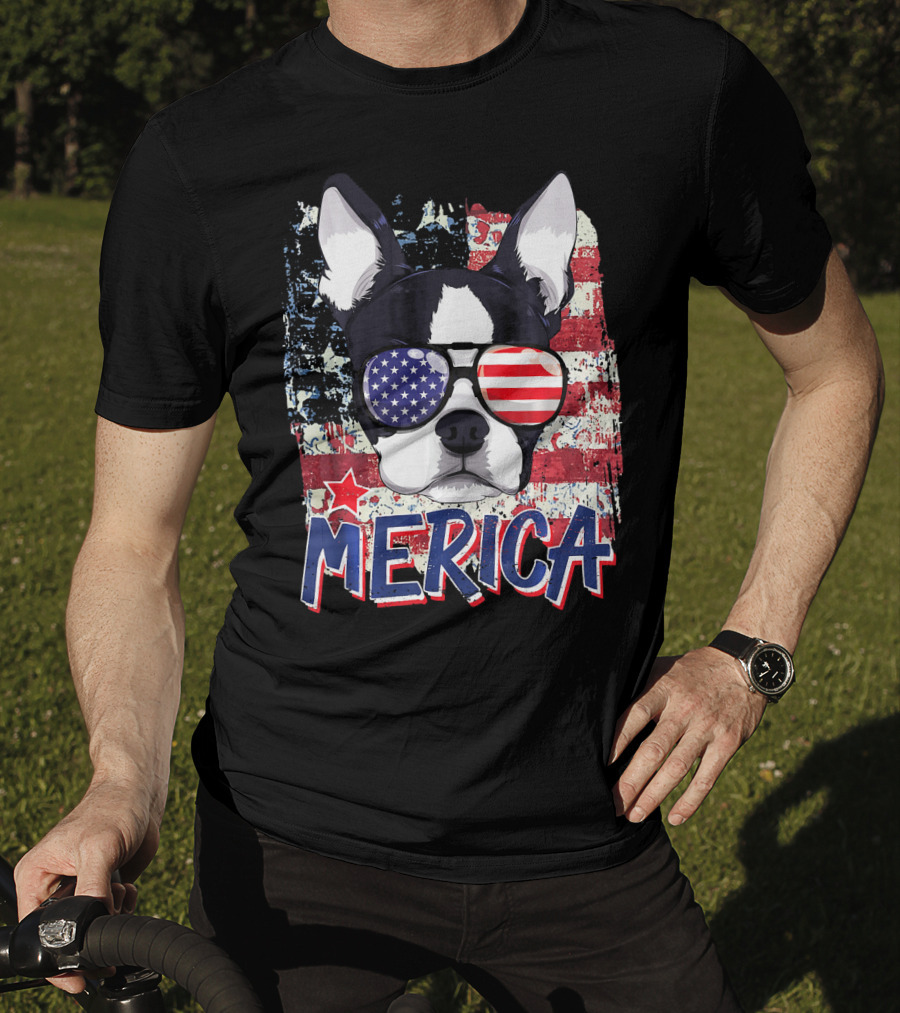 Merica Boston Terrier American Flag Sunglasses T-Shirt