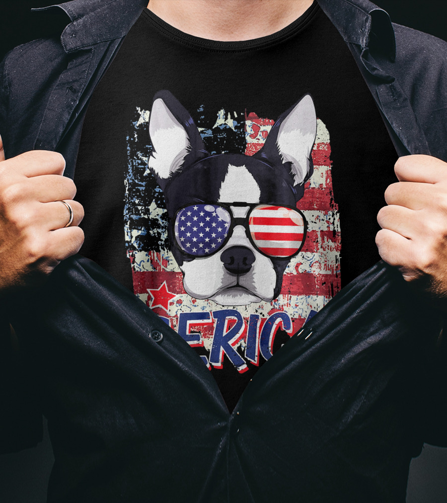 Merica Boston Terrier American Flag Sunglasses T-Shirt