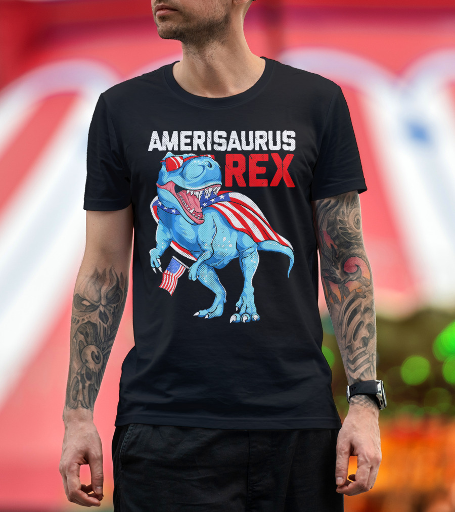 AMERISAURUS REX Dinosaur 4th of July Patriotic Flag T-Shirt