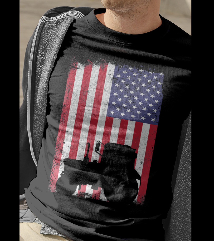 Tractor Silhouette Against Distressed American Flag Patriotic T-Shirt