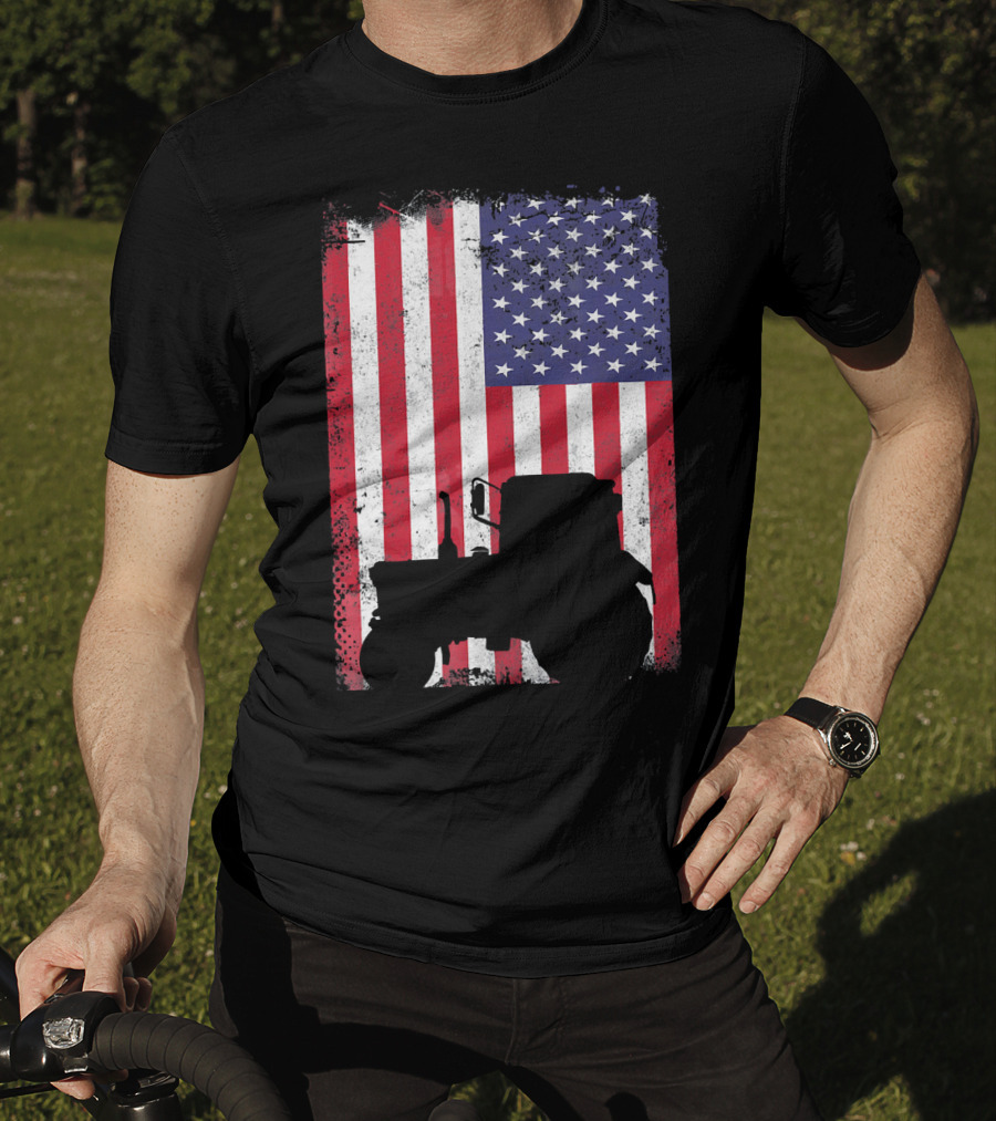 Tractor Silhouette Against Distressed American Flag Patriotic T-Shirt