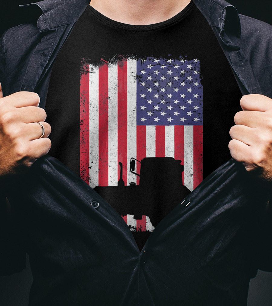 Tractor Silhouette Against Distressed American Flag Patriotic T-Shirt
