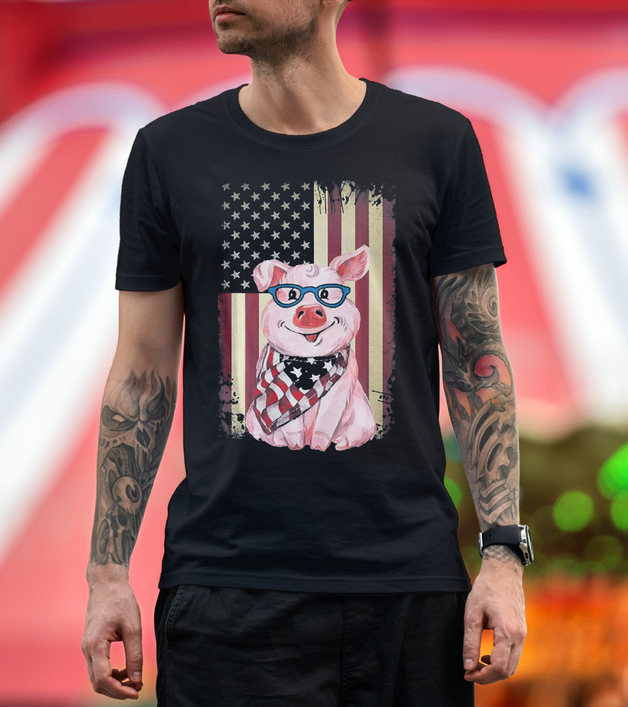 American Flag Pig with Glasses and Bandana T-Shirt