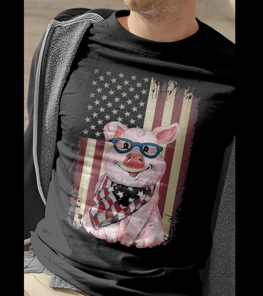 American Flag Pig With Glasses And Bandana T-Shirt
