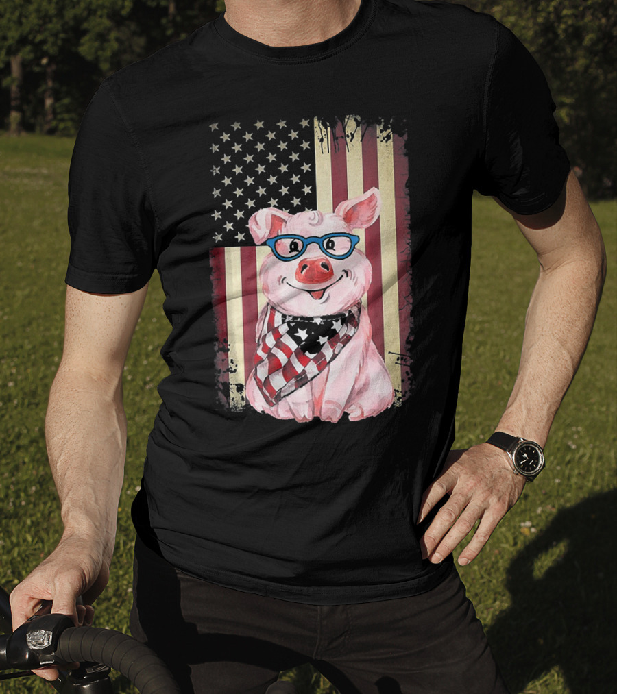 American Flag Pig With Glasses And Bandana T-Shirt