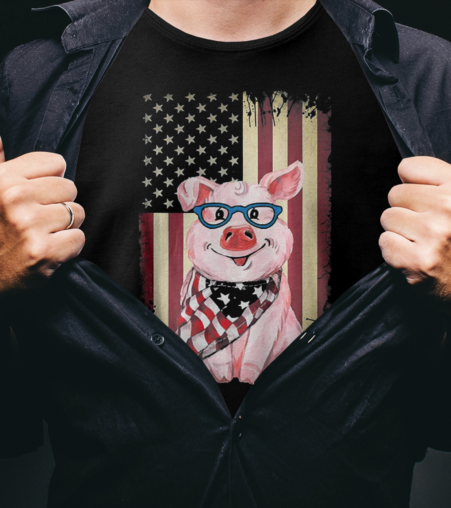 American Flag Pig With Glasses And Bandana T-Shirt