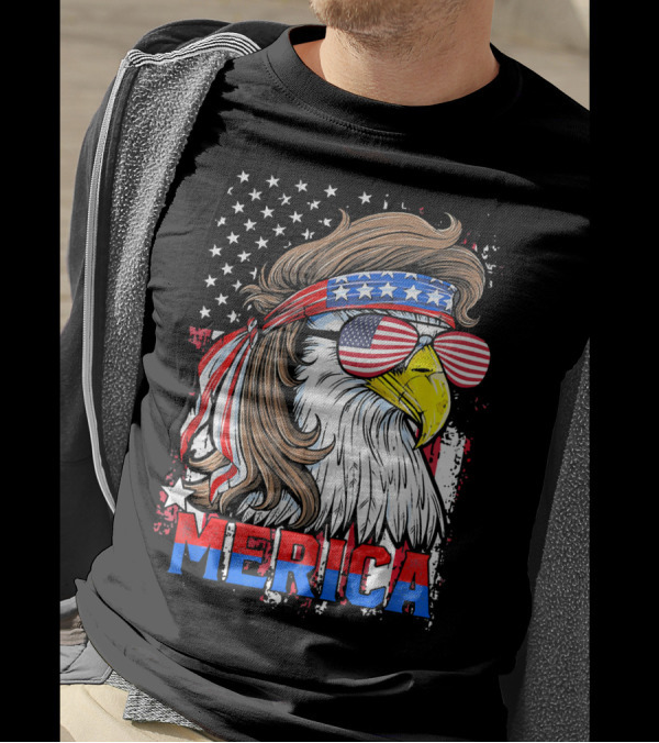MERICA 4th Of July Bald Eagle With Mullet And American Flag Glasses T-Shirt