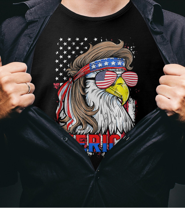 MERICA 4th Of July Bald Eagle With Mullet And American Flag Glasses T-Shirt
