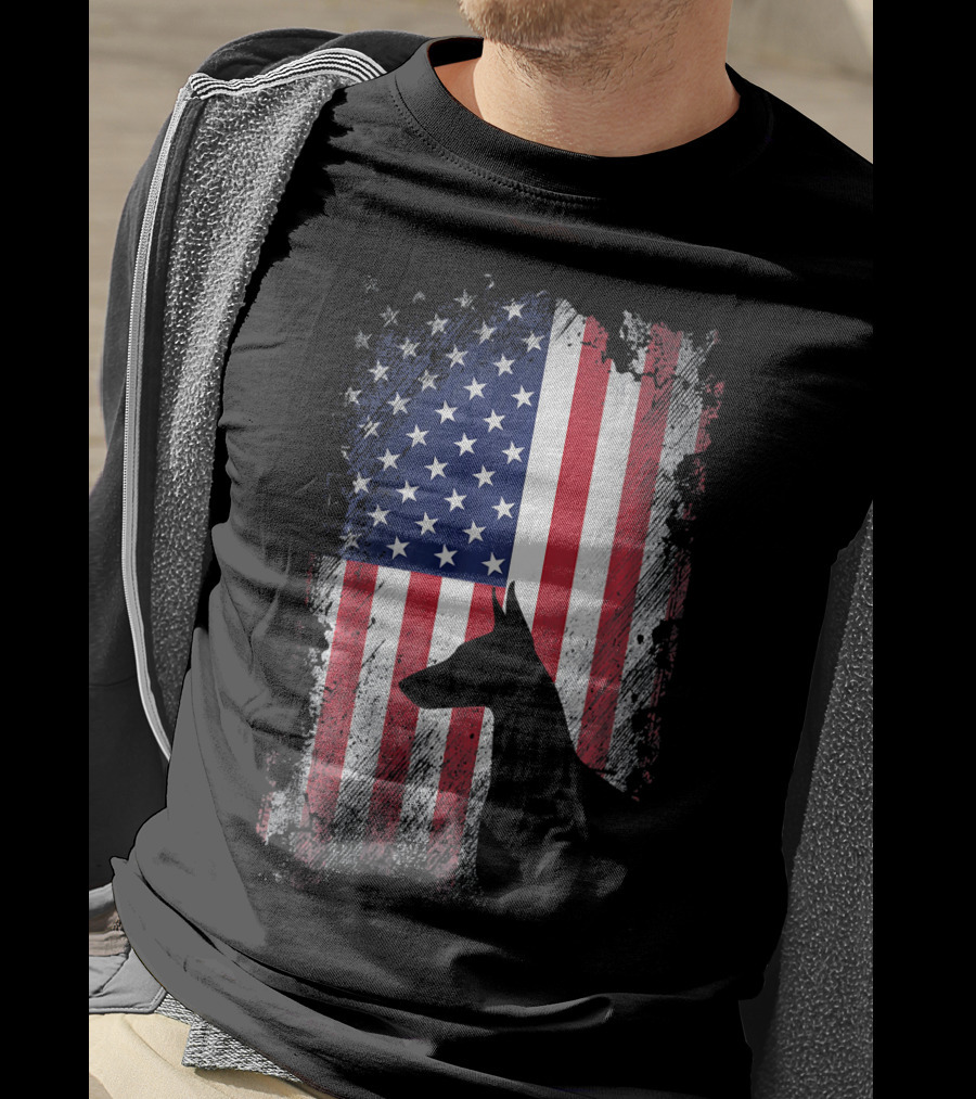 Doberman Pinscher Silhouette With American Flag Background T-Shirt