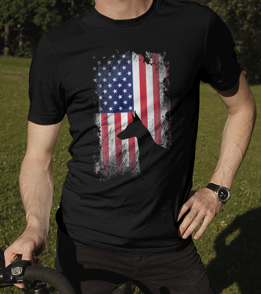 Doberman Pinscher Silhouette With American Flag Background T-Shirt