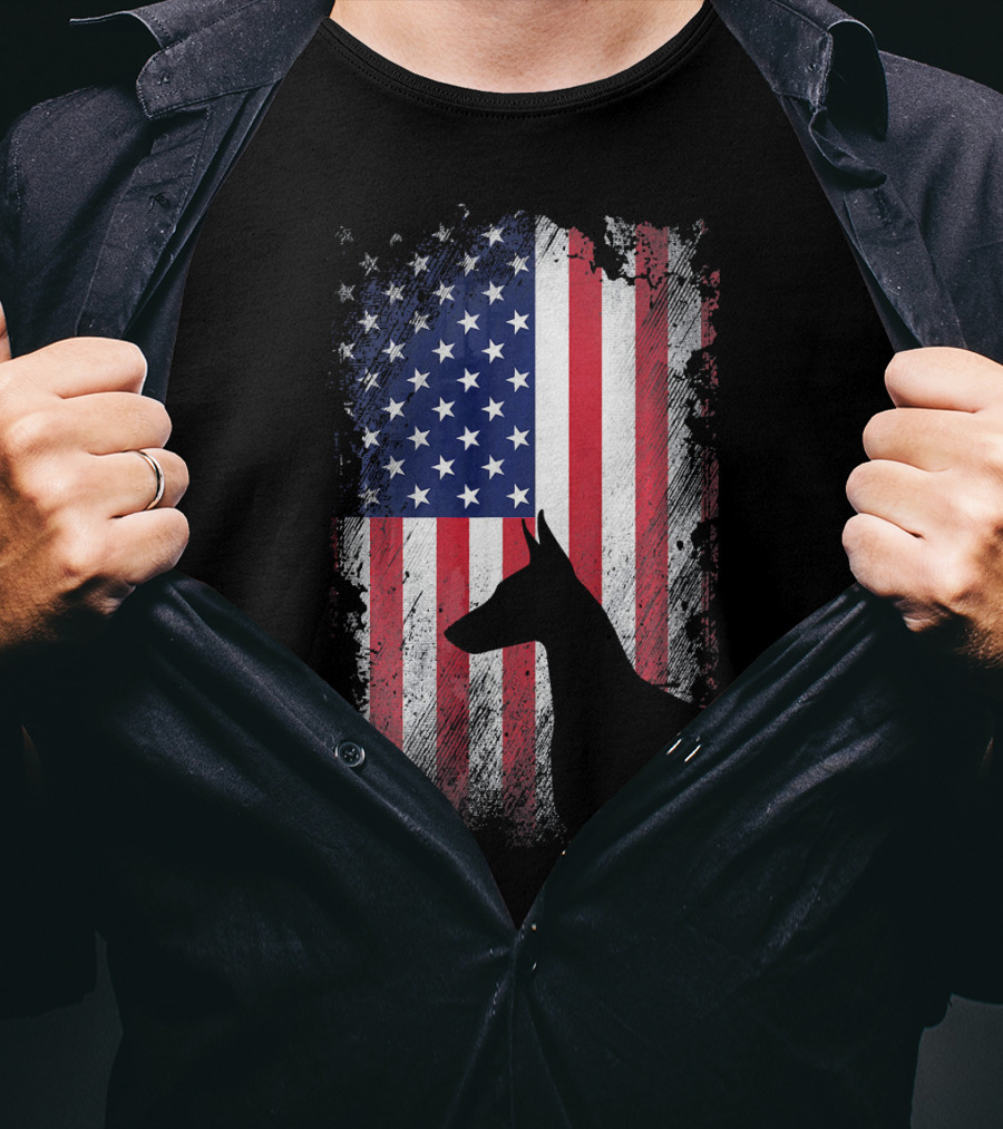 Doberman Pinscher Silhouette With American Flag Background T-Shirt