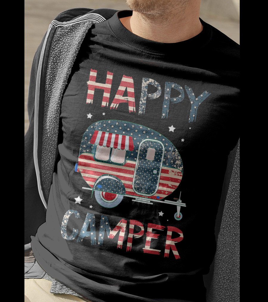 Happy Camper Stars And Stripes American Flag Patriotic T-Shirt