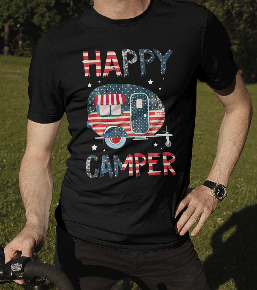 Happy Camper Stars And Stripes American Flag Patriotic T-Shirt