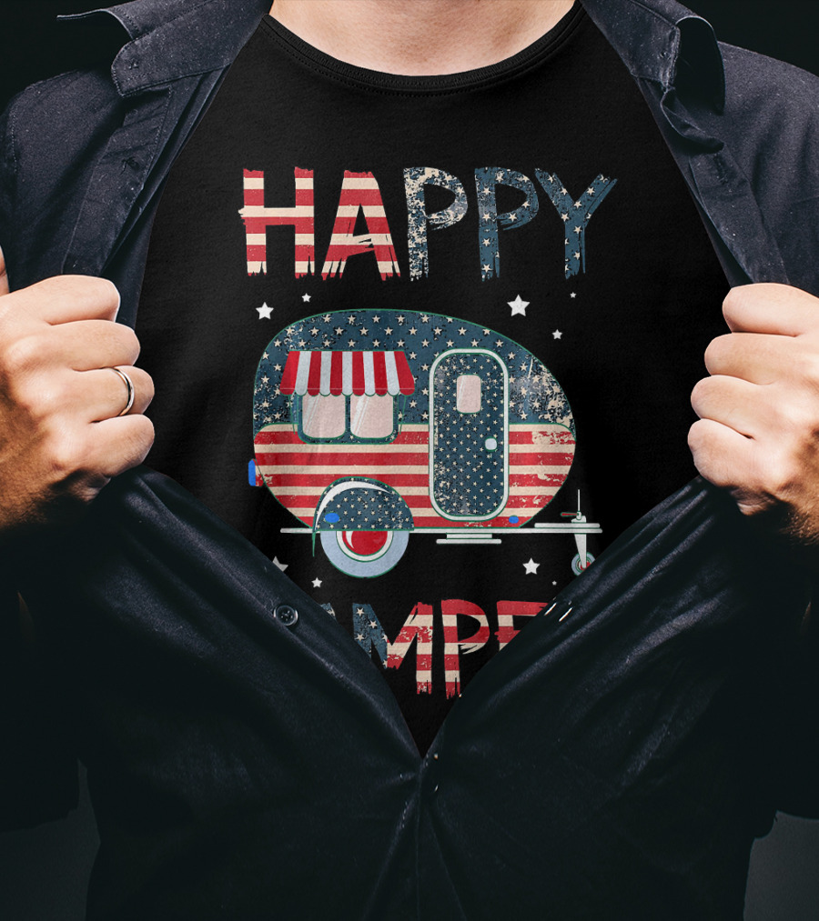 Happy Camper Stars And Stripes American Flag Patriotic T-Shirt