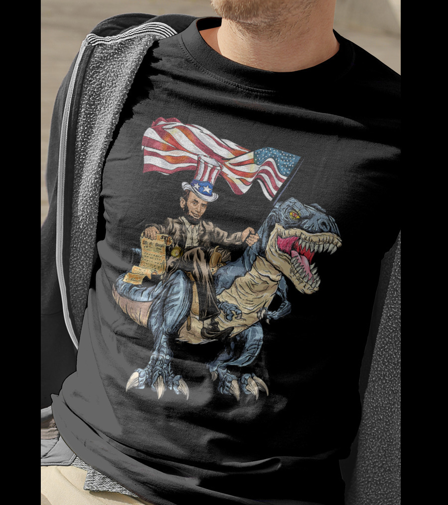 Abe Lincoln Riding Dinosaur With American Flag And Declaration T-Shirt
