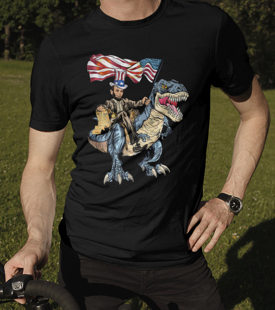 Abe Lincoln Riding Dinosaur With American Flag And Declaration T-Shirt