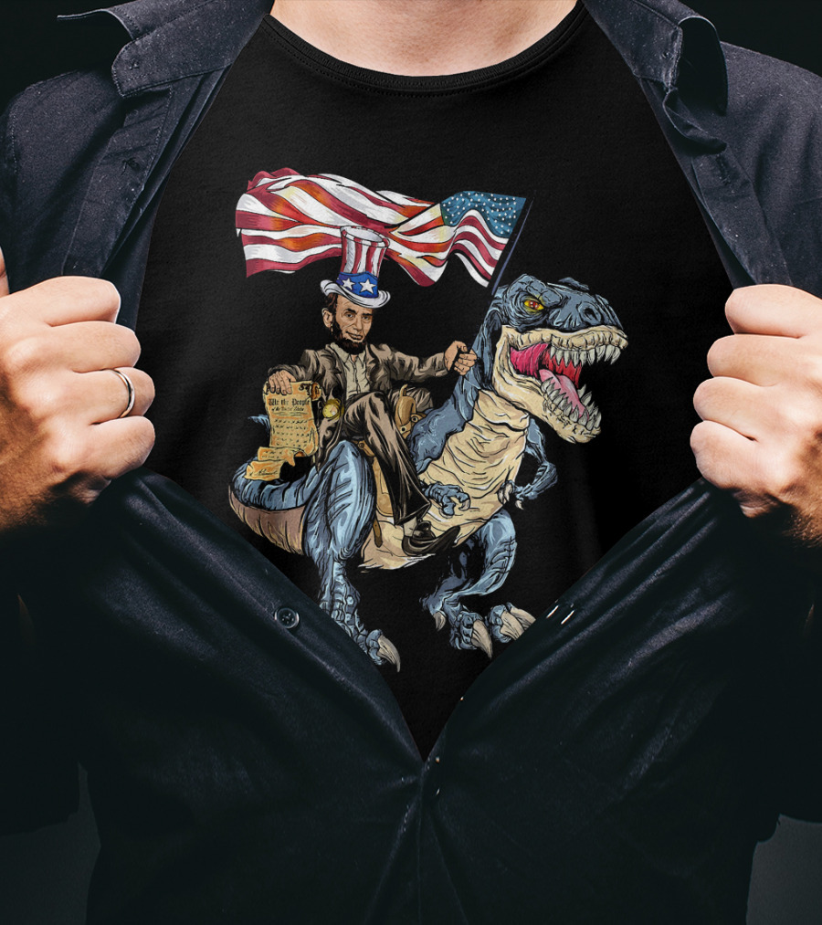 Abe Lincoln Riding Dinosaur With American Flag And Declaration T-Shirt