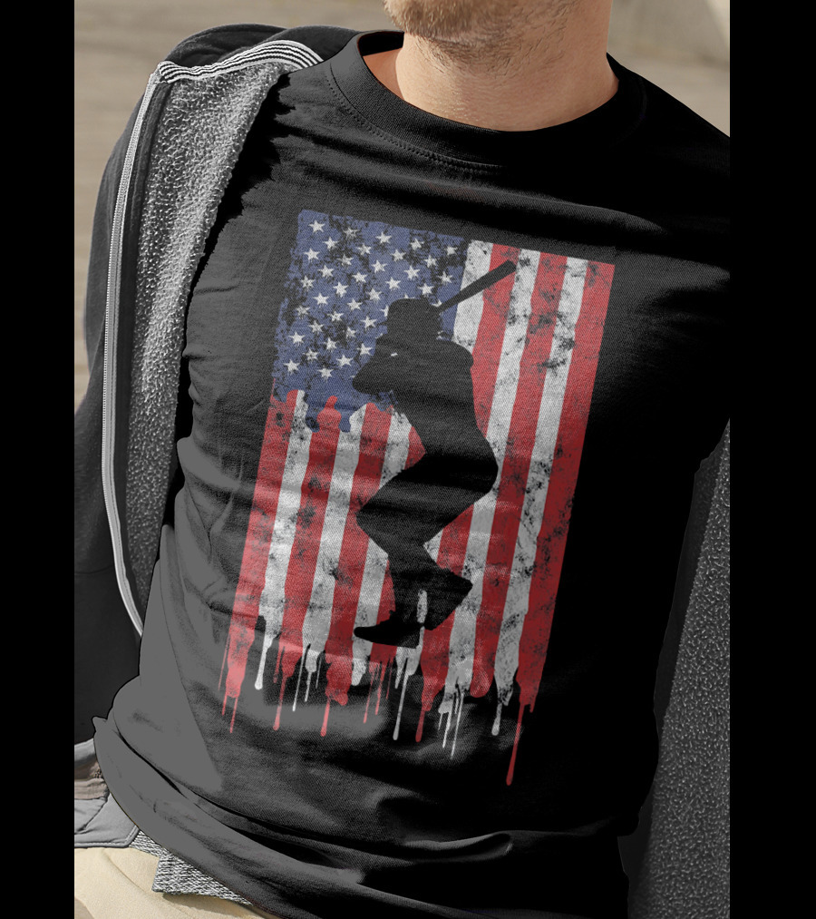 Vintage Baseball Batter Silhouette On Dripping American Flag Background T-Shirt