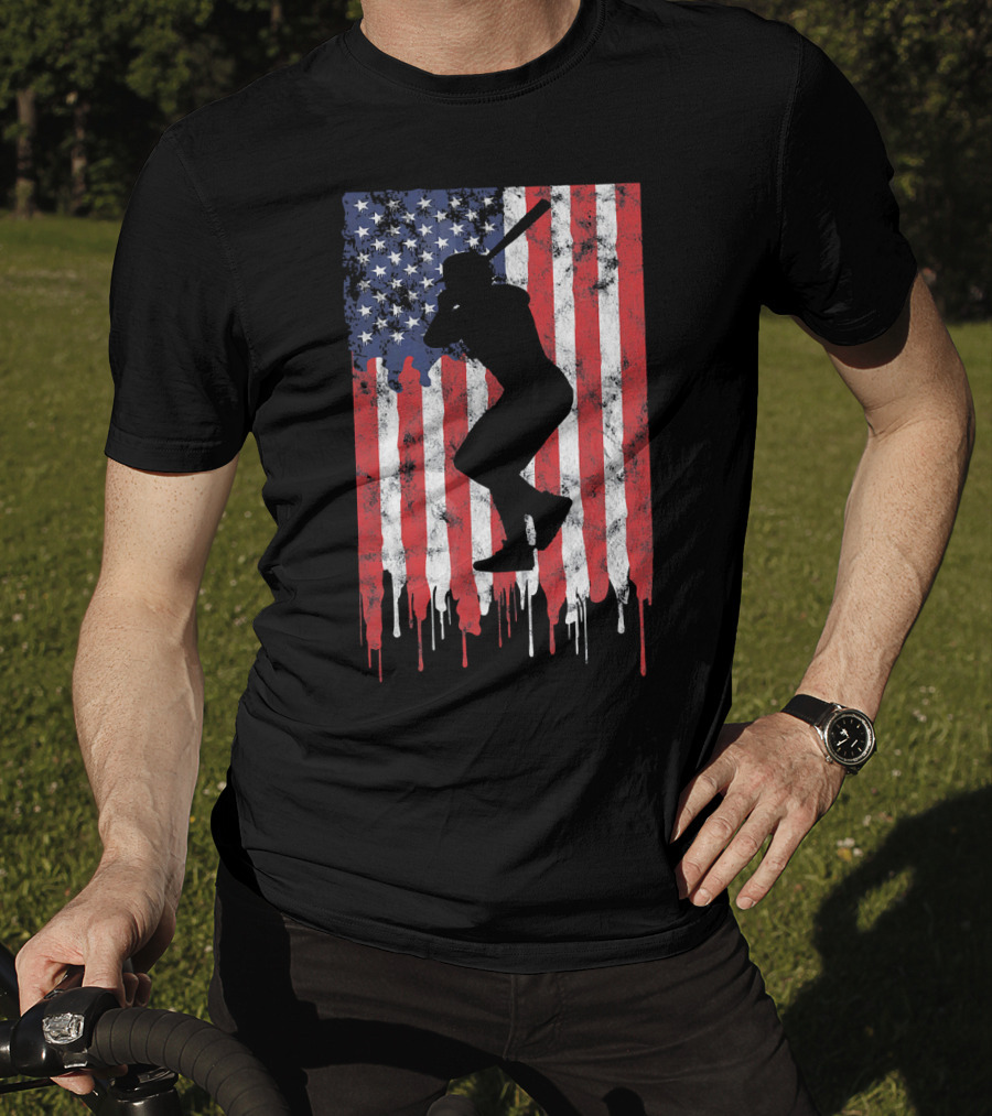 Vintage Baseball Batter Silhouette On Dripping American Flag Background T-Shirt