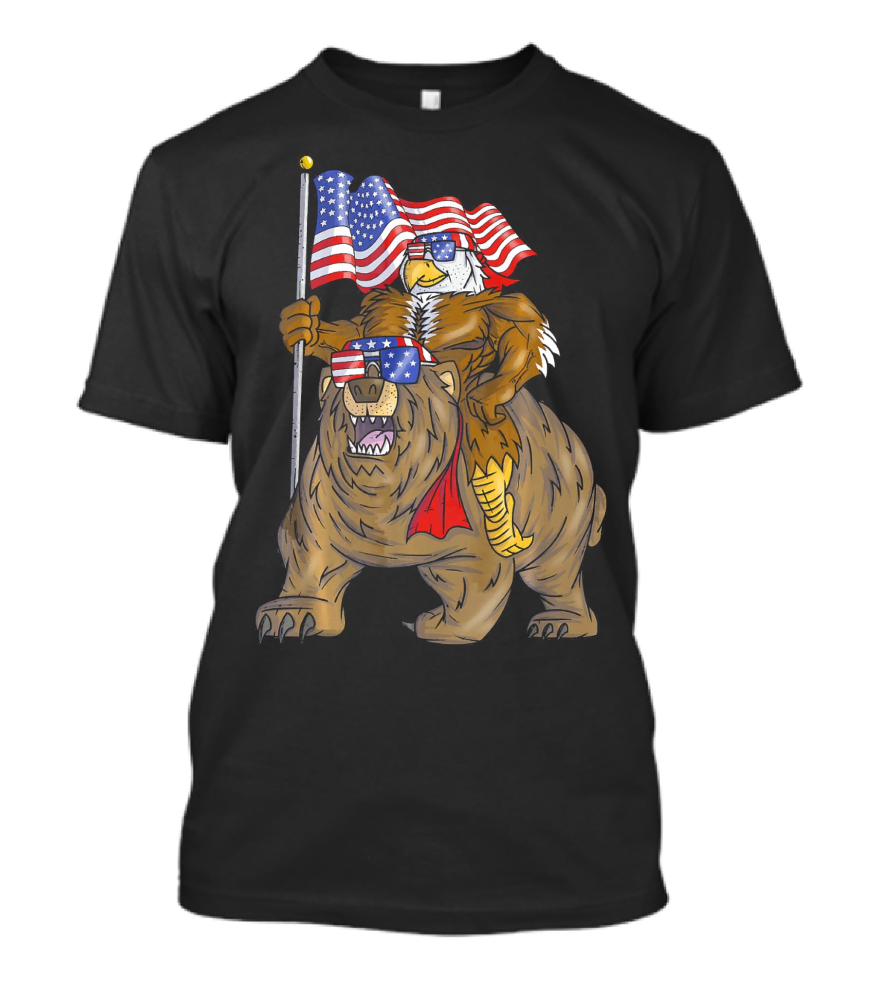 American Flag-Waving Bald Eagle Riding Bear With Sunglasses T-Shirt