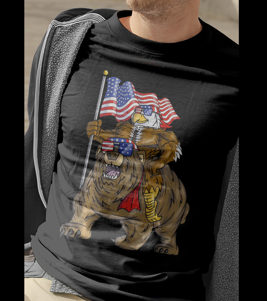 American Flag-Waving Bald Eagle Riding Bear With Sunglasses T-Shirt