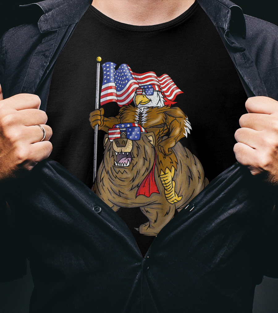American Flag-Waving Bald Eagle Riding Bear With Sunglasses T-Shirt
