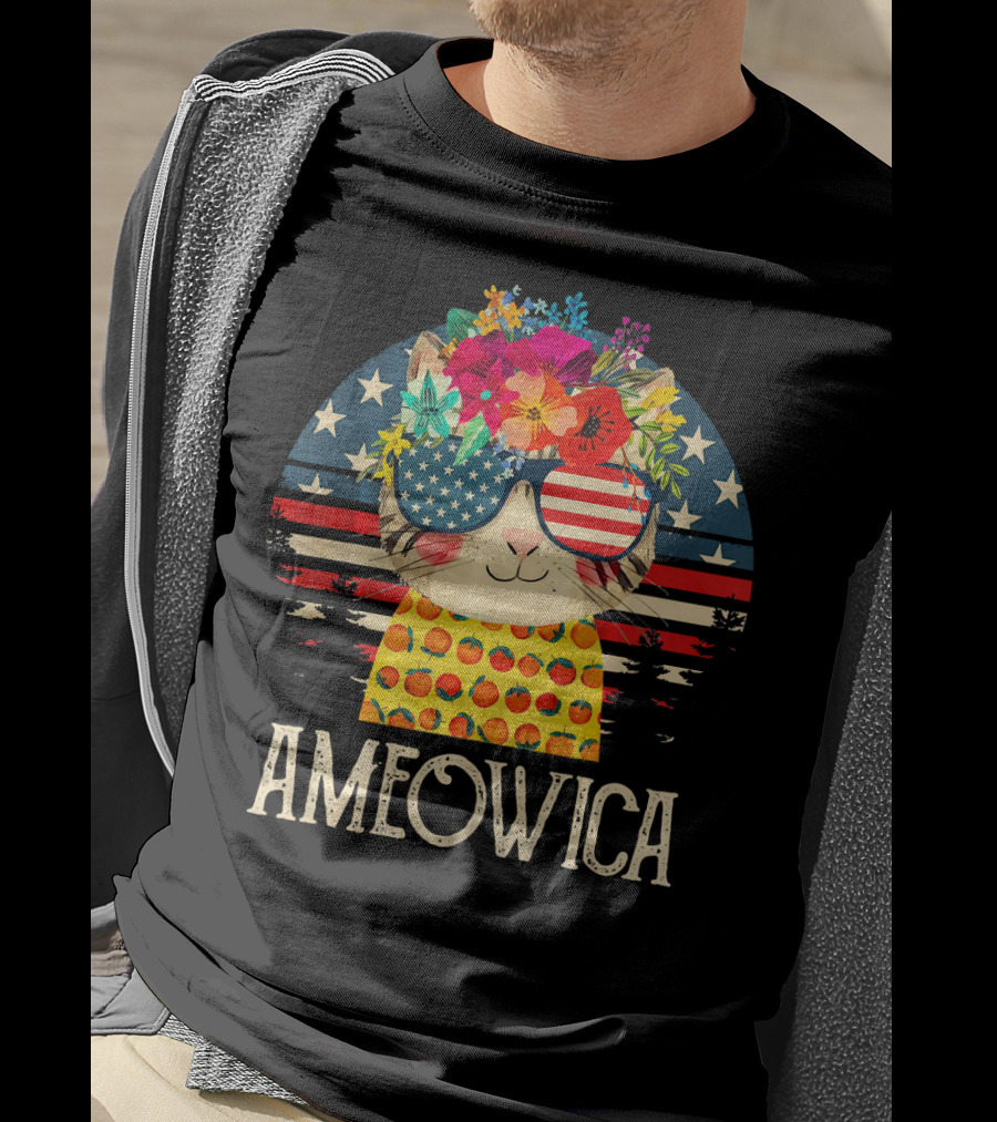 Ameowica Cute Cat With American Flag Glasses And Floral Crown T-Shirt