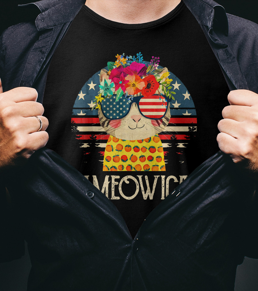 Ameowica Cute Cat With American Flag Glasses And Floral Crown T-Shirt