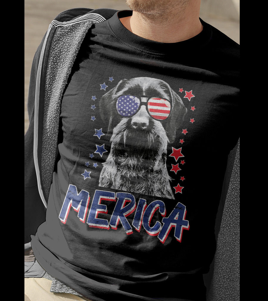 Merica German Wirehaired Pointer Dog With American Flag Sunglasses And Stars T-Shirt