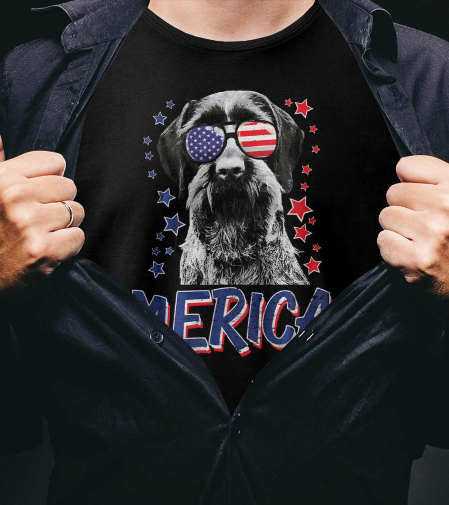 Merica German Wirehaired Pointer Dog With American Flag Sunglasses And Stars T-Shirt