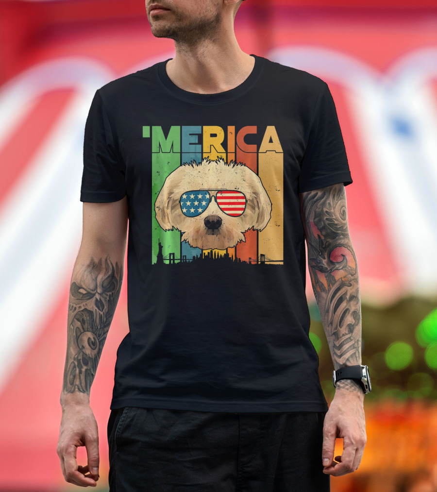 Maltese with American Flag Sunglasses and Merica July 4th Retro Skyline T-Shirt
