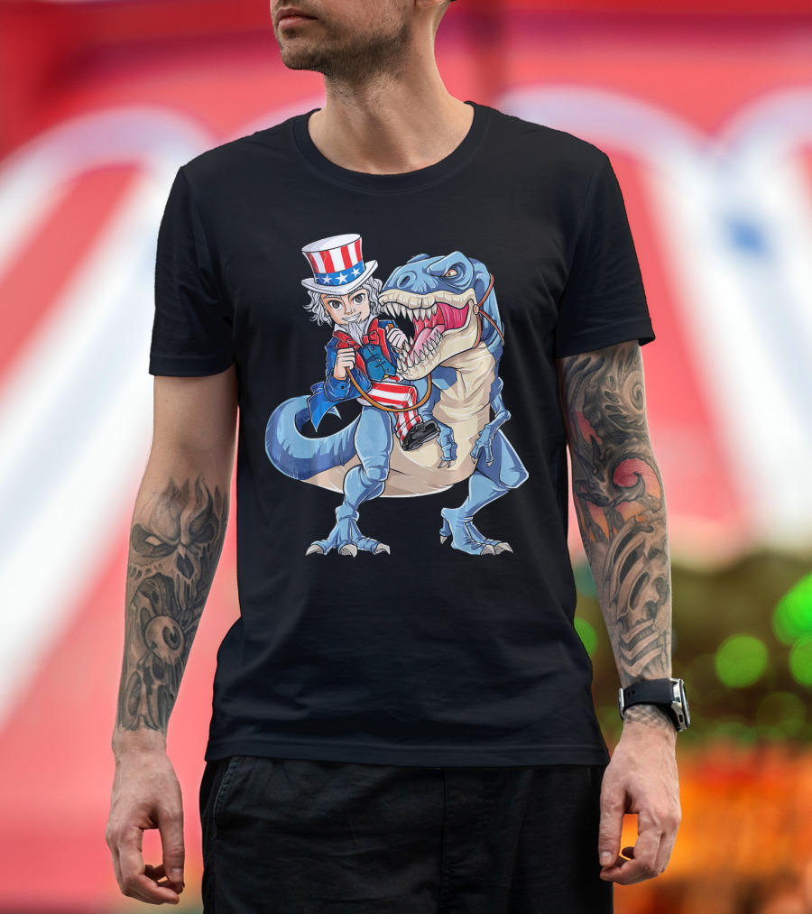 Uncle Sam Riding Dinosaur 4th of July USA Patriotic T-Shirt