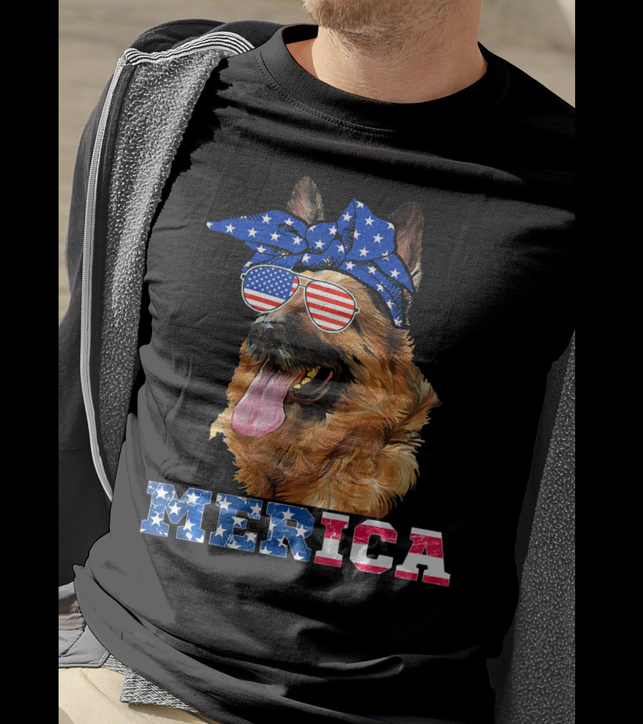 Merica German Shepherd Bandana Sunglasses American Flag T-Shirt
