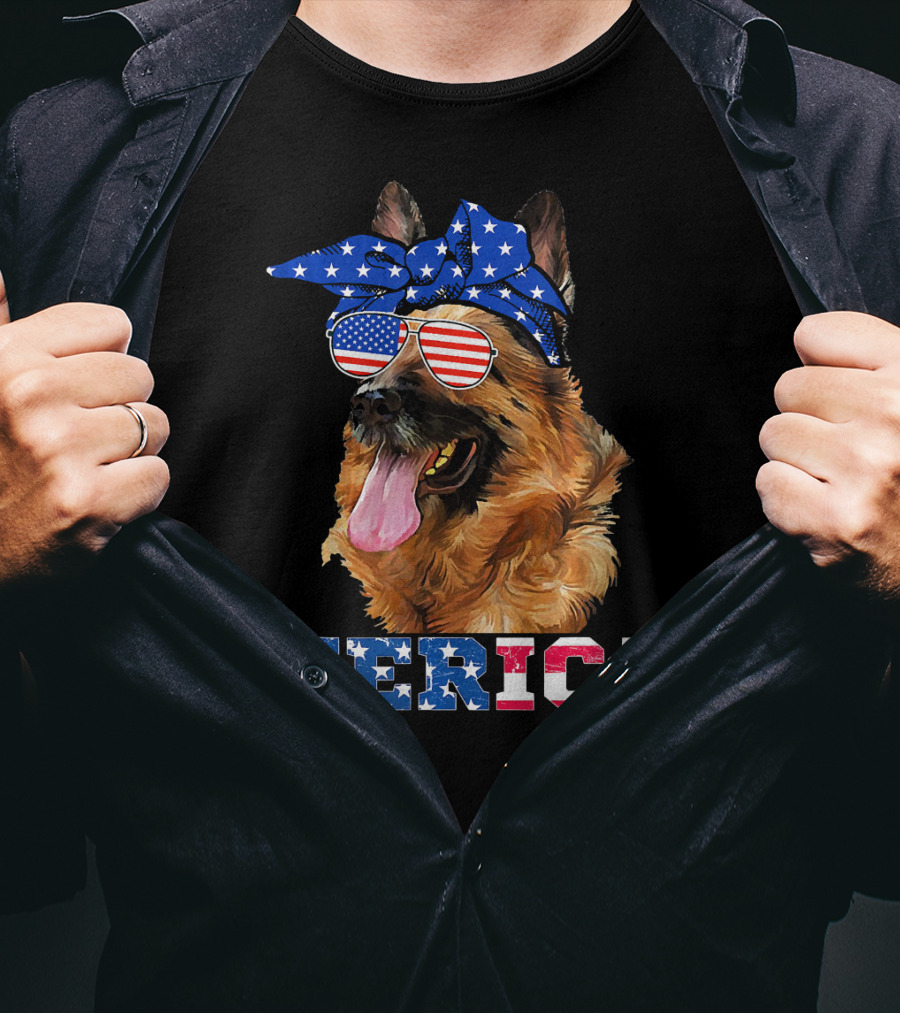 Merica German Shepherd Bandana Sunglasses American Flag T-Shirt