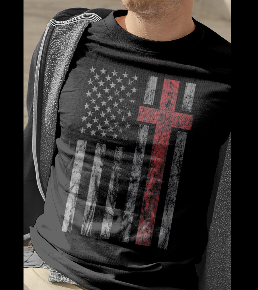 Vintage Distressed USA Flag With Red Christian Cross T-Shirt