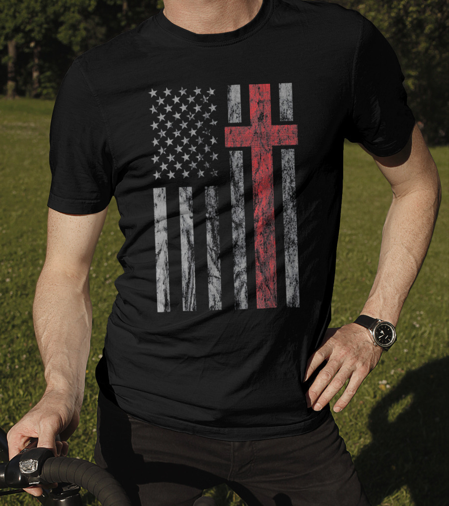 Vintage Distressed USA Flag With Red Christian Cross T-Shirt