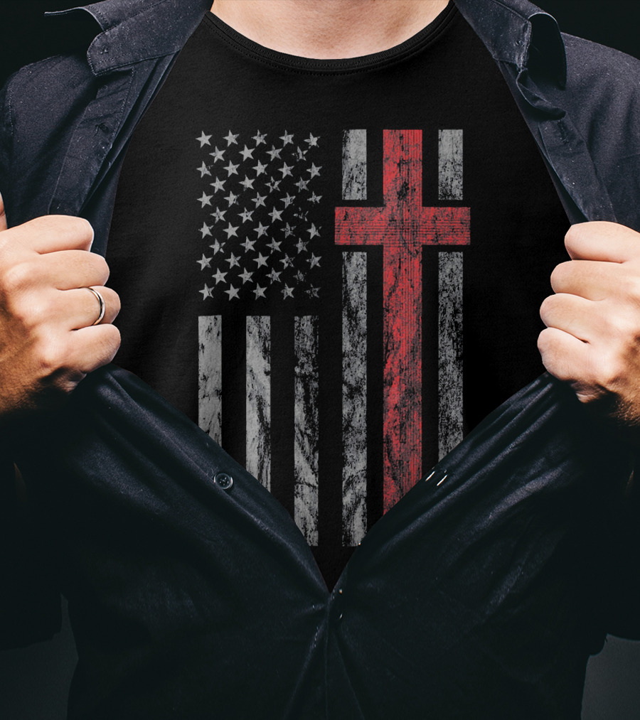 Vintage Distressed USA Flag With Red Christian Cross T-Shirt