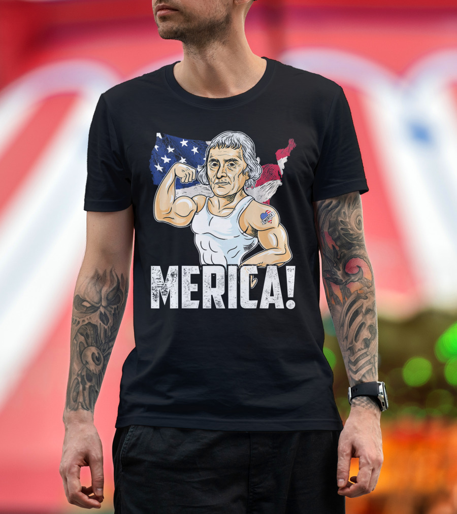 Thomas Jefferson Flexing Muscles Merica USA Flag T-Shirt