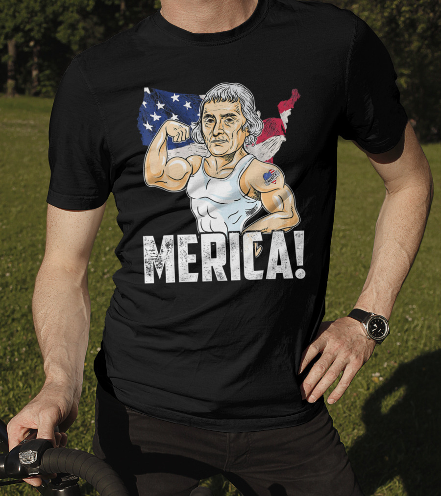 Thomas Jefferson Flexing Muscles Merica USA Flag T-Shirt
