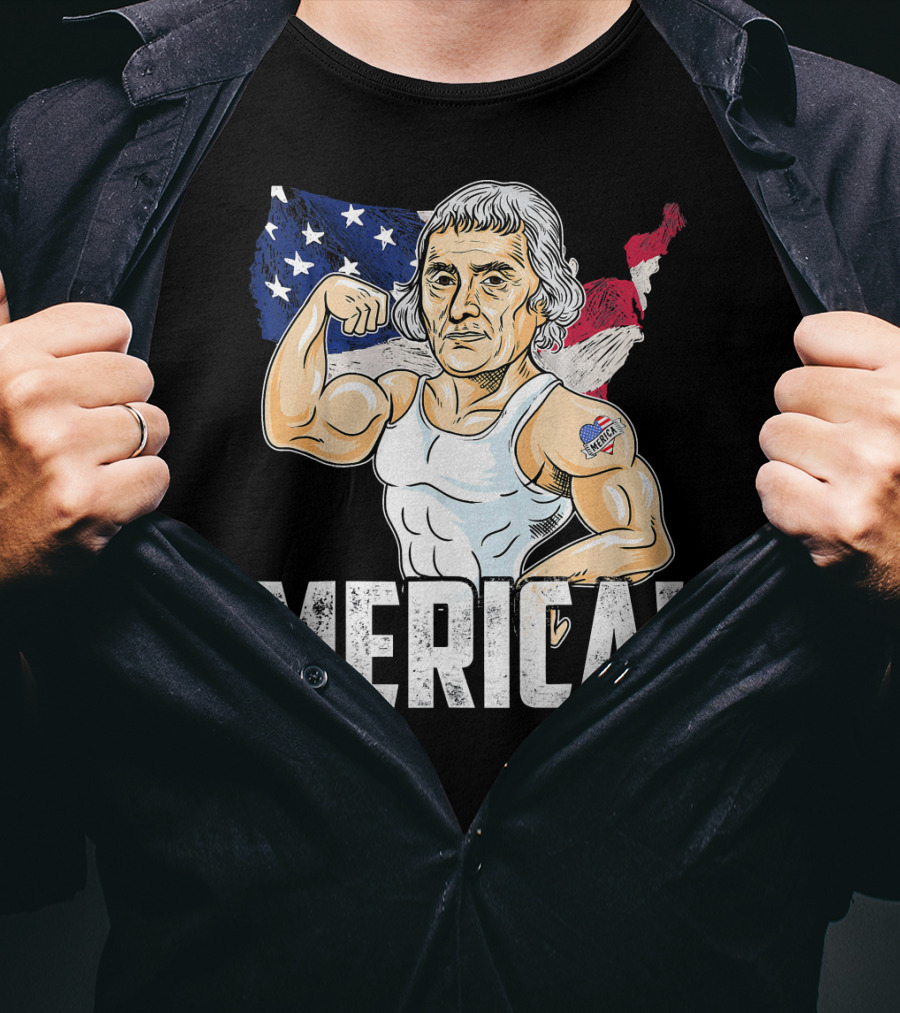 Thomas Jefferson Flexing Muscles Merica USA Flag T-Shirt