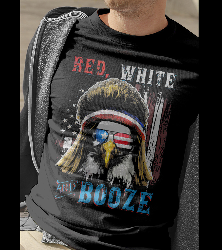 Red White And Booze America Flag Eagle With Sunglasses And Headband T-Shirt