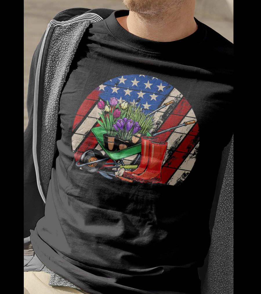 Vintage American Flag Gardening Scene With Wheelbarrow And Red Boots T-Shirt