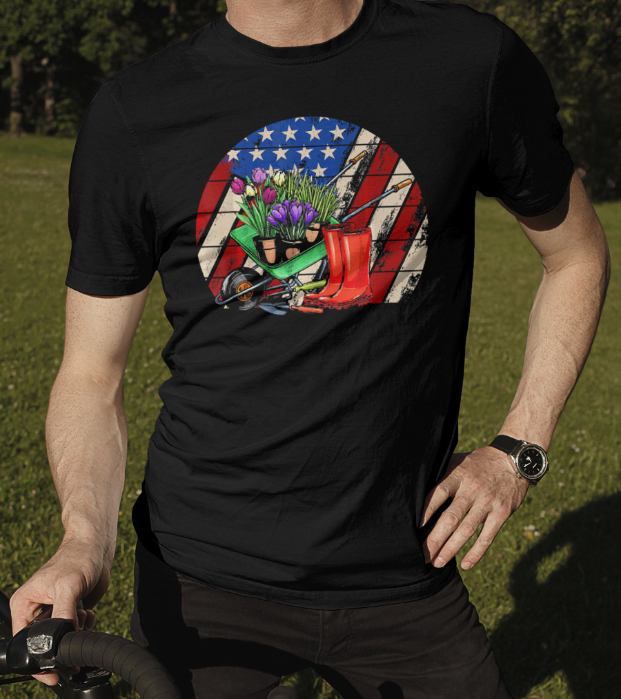 Vintage American Flag Gardening Scene With Wheelbarrow And Red Boots T-Shirt