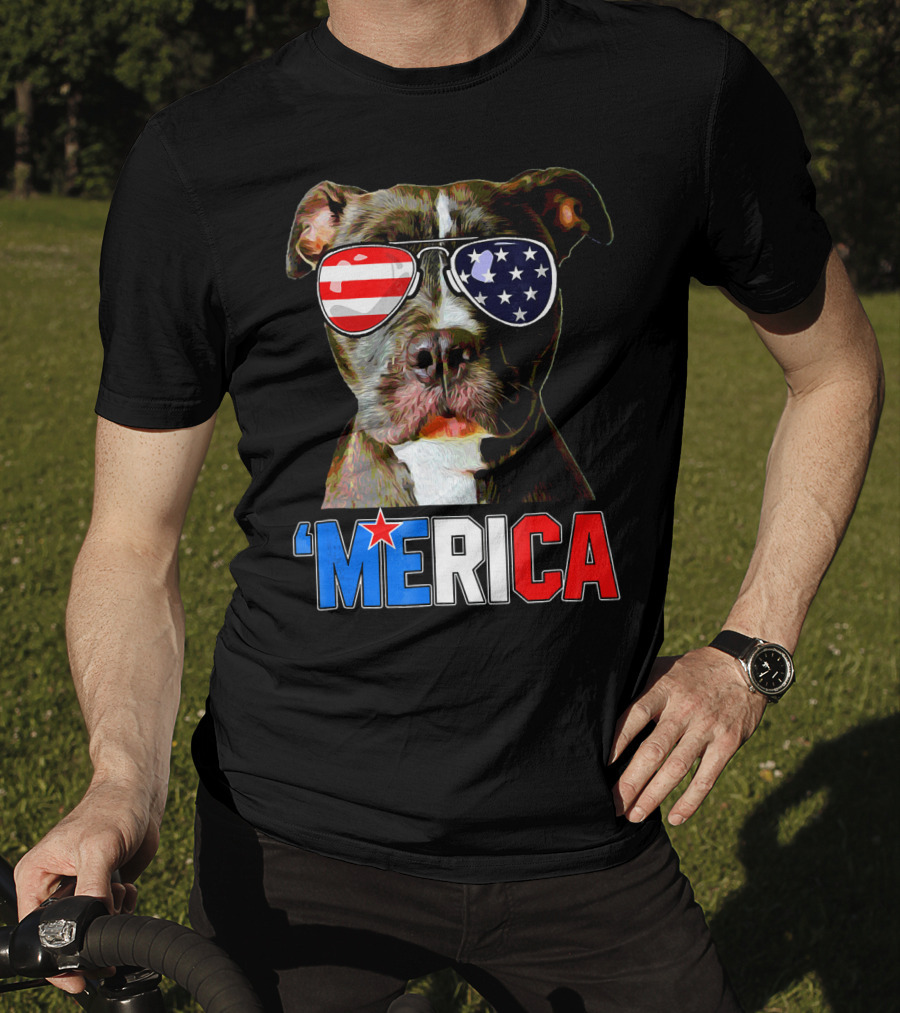 Pitbull 'Merica Memorial Day Patriotic USA Sunglasses T-Shirt