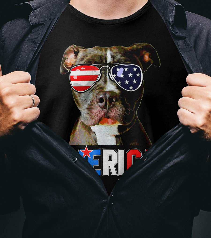 Pitbull 'Merica Memorial Day Patriotic USA Sunglasses T-Shirt