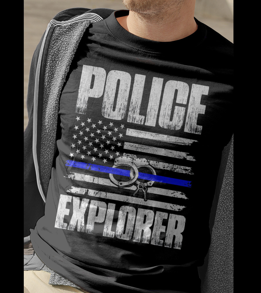 Police Explorer American Flag Handcuffs Thin Blue Line T-Shirt